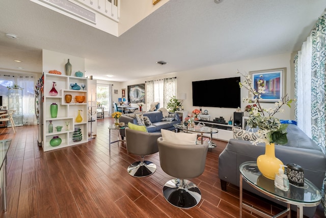 living room with a textured ceiling and hardwood / wood-style floors