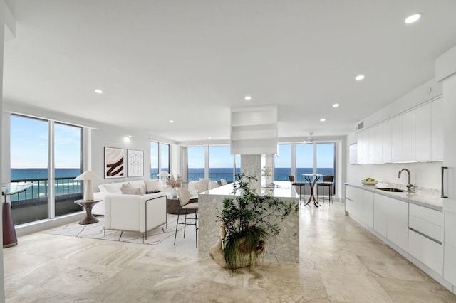 living room with a water view, a wall of windows, and sink