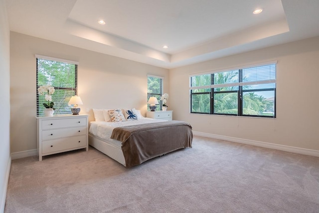 bedroom with light carpet, a raised ceiling, and multiple windows