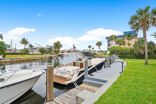 view of dock with a water view and a lawn