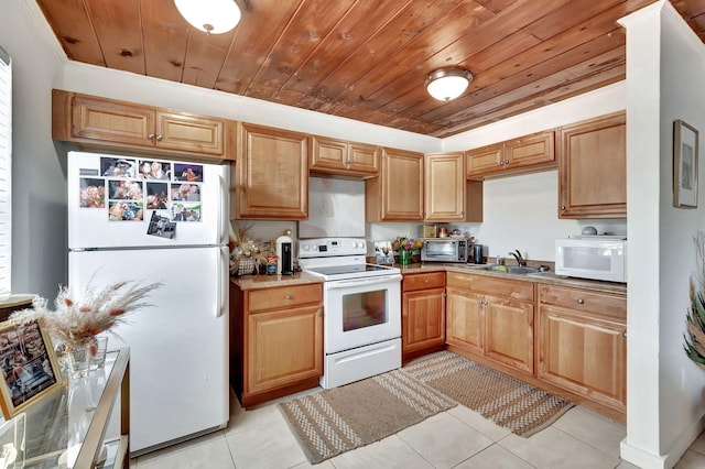 kitchen featuring sink, white appliances, light tile flooring, and wood ceiling