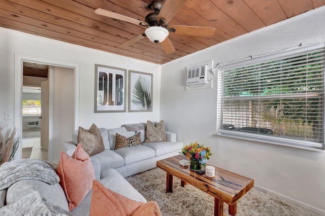 living room with wooden ceiling, a wall mounted air conditioner, ceiling fan, and tile floors