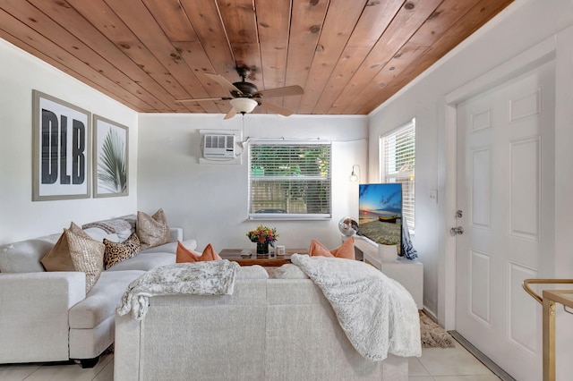 bedroom with wood ceiling, a wall mounted air conditioner, ceiling fan, and light tile floors