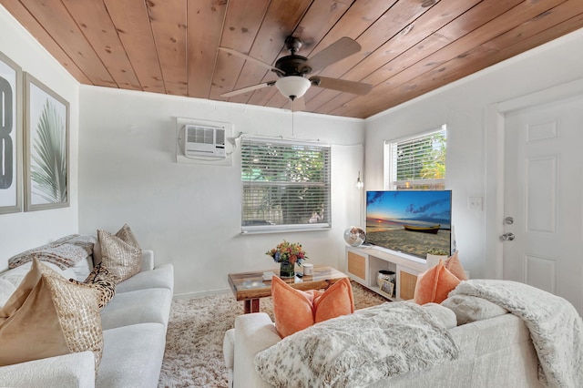 living room featuring wood ceiling, an AC wall unit, and ceiling fan