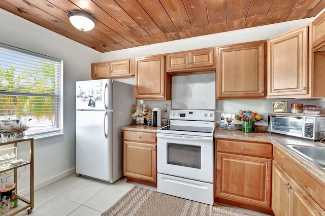 kitchen featuring sink, white appliances, light tile flooring, and wood ceiling