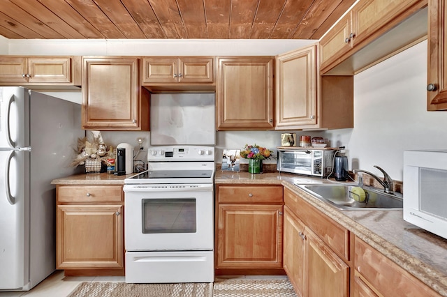 kitchen with light tile floors, white range with electric cooktop, sink, stainless steel refrigerator, and wood ceiling