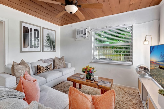 carpeted living room featuring wooden ceiling, a wall mounted air conditioner, and ceiling fan