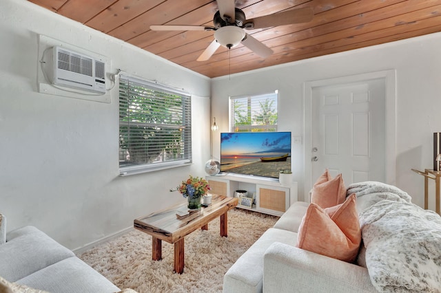 living room featuring wood ceiling, ceiling fan, and a wall mounted AC