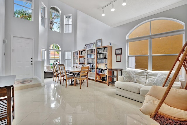 tiled living room with a high ceiling, rail lighting, and a textured ceiling