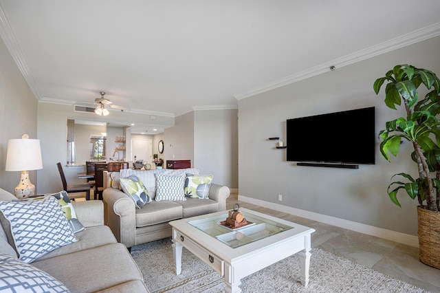 living room featuring ornamental molding and ceiling fan