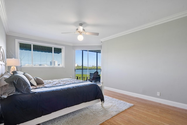 bedroom with crown molding, wood-type flooring, access to outside, and ceiling fan