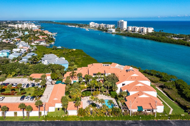 bird's eye view with a water view