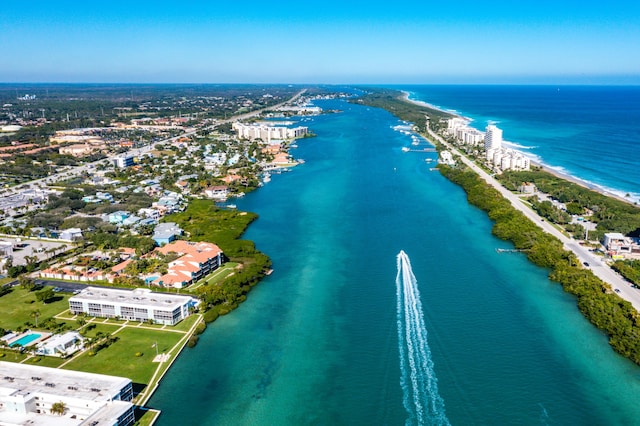 bird's eye view with a water view