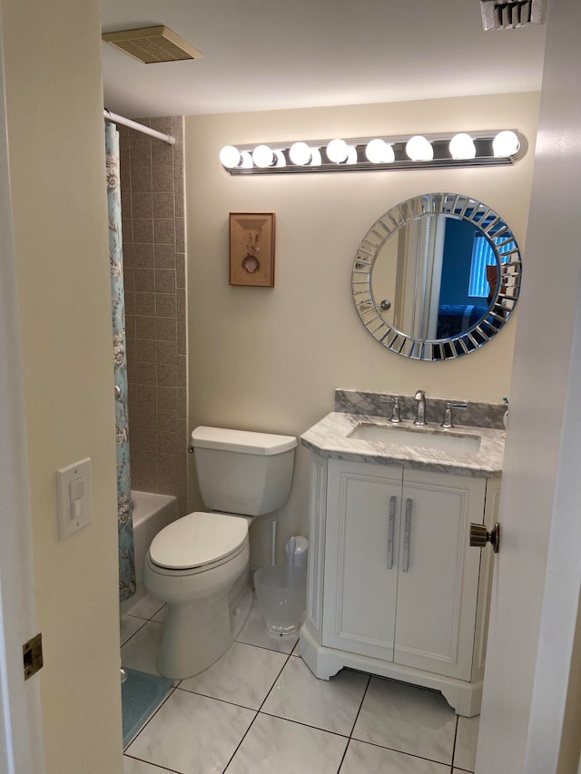 full bathroom with shower / bathtub combination with curtain, tile patterned floors, vanity, and toilet