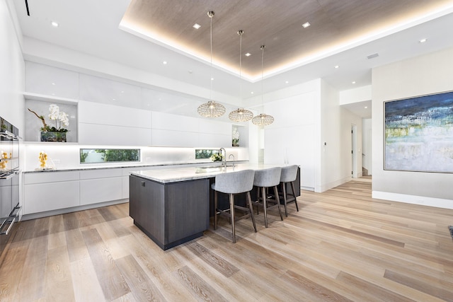 kitchen with white cabinetry, hanging light fixtures, a high ceiling, light hardwood / wood-style flooring, and an island with sink