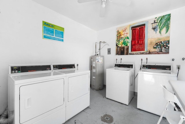 laundry area featuring independent washer and dryer, ceiling fan, and electric water heater