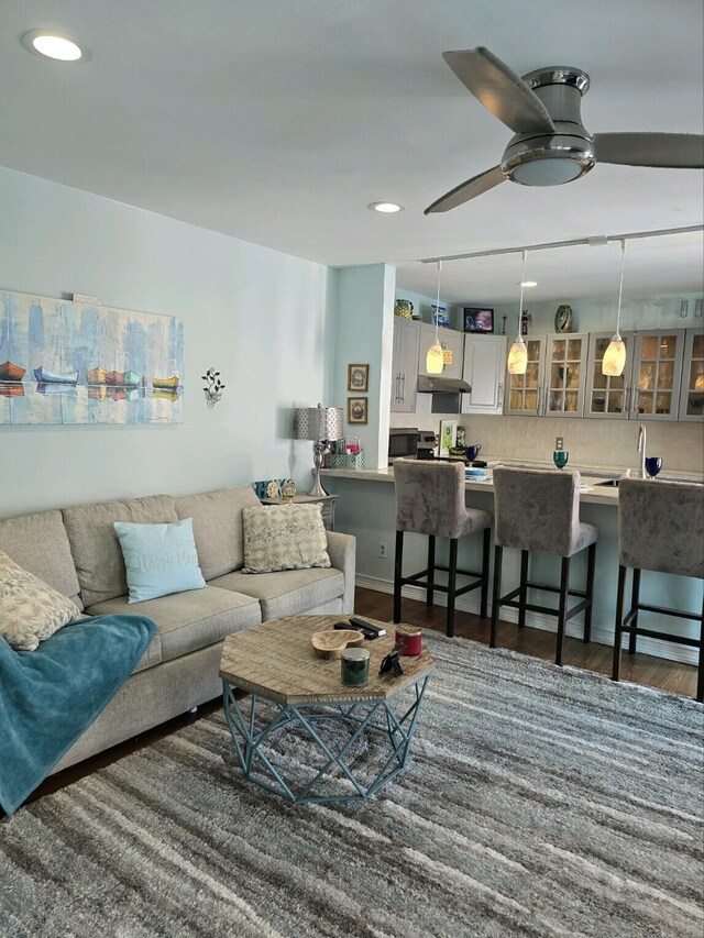 living room with dark hardwood / wood-style flooring and ceiling fan