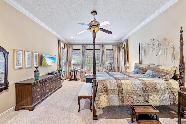 bedroom with ceiling fan, carpet flooring, and crown molding