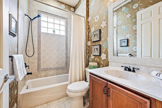 full bathroom with shower / bath combo, vanity, tile floors, and toilet