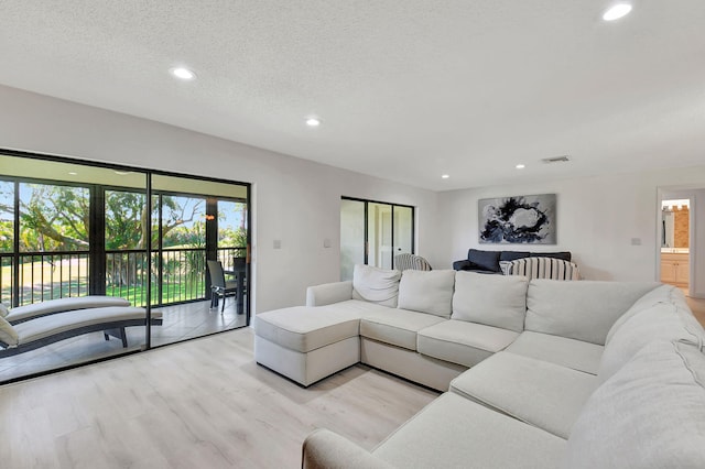 living room featuring light hardwood / wood-style floors and a textured ceiling