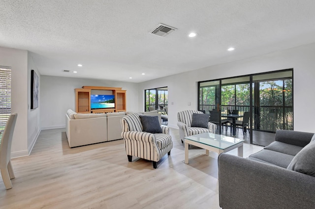 living room featuring light hardwood / wood-style floors and a textured ceiling