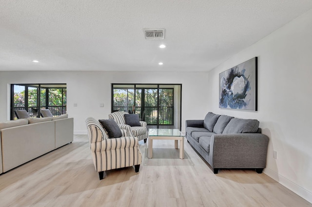 living room with a textured ceiling, a wealth of natural light, and light hardwood / wood-style floors