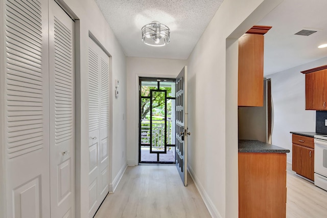 foyer entrance featuring light hardwood / wood-style floors and a textured ceiling