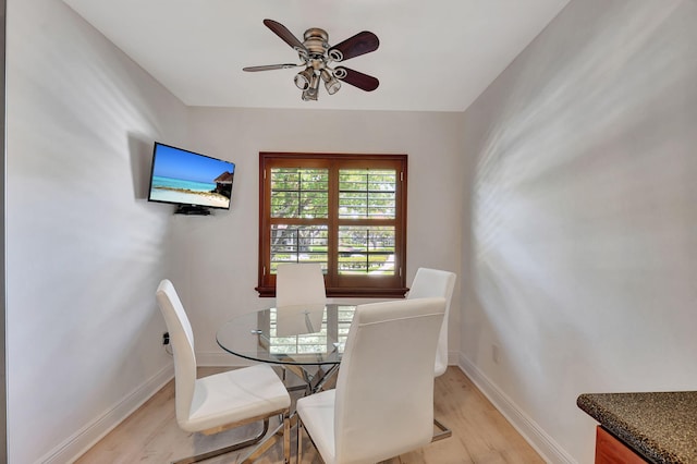 dining room with light hardwood / wood-style floors and ceiling fan