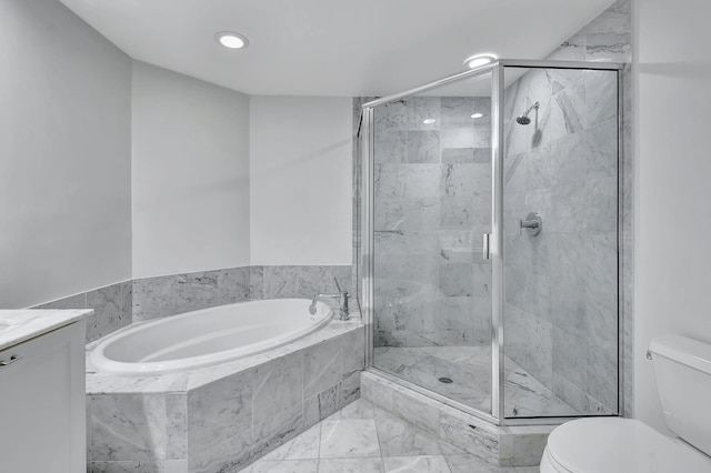 full bathroom featuring separate shower and tub, vanity, toilet, and tile flooring