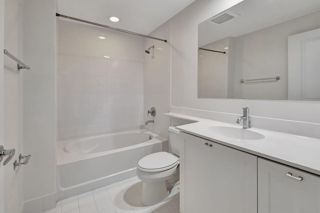 full bathroom with shower / bathing tub combination, vanity, toilet, and tile flooring