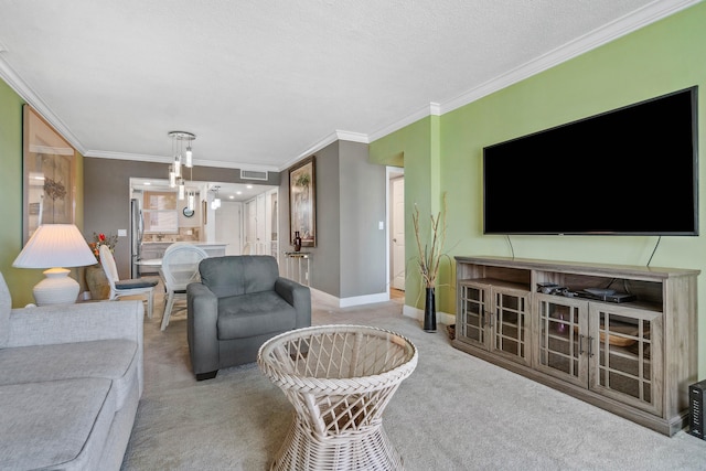 carpeted living room with ornamental molding and a textured ceiling