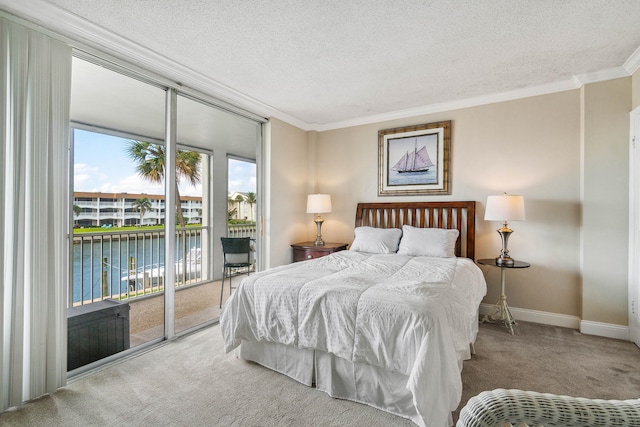 bedroom featuring a water view, access to exterior, a textured ceiling, carpet flooring, and ornamental molding