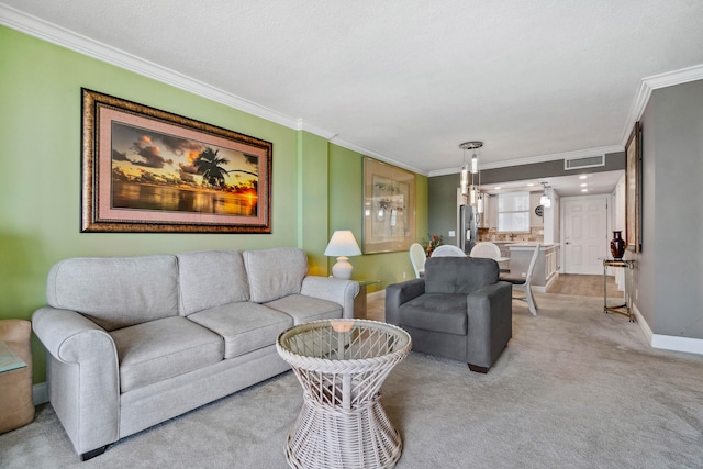 living room with carpet, crown molding, and a textured ceiling