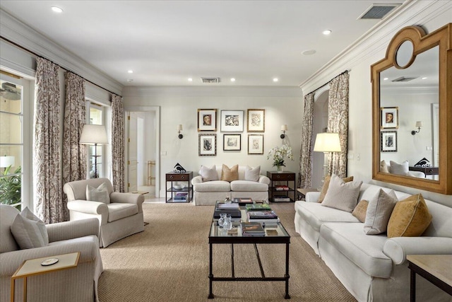 carpeted living room featuring crown molding