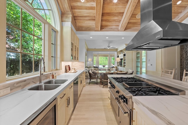 kitchen featuring island exhaust hood, appliances with stainless steel finishes, wooden ceiling, and sink