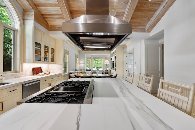 kitchen with light brown cabinets, wooden ceiling, decorative backsplash, island range hood, and stainless steel appliances