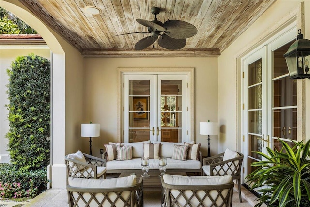 view of patio / terrace featuring french doors, an outdoor hangout area, and ceiling fan