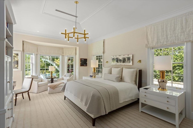 carpeted bedroom with ornamental molding and a notable chandelier