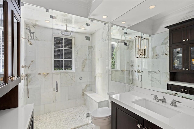 bathroom featuring vanity, toilet, and a shower with shower door