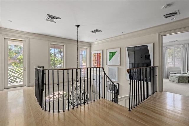 hallway featuring light hardwood / wood-style floors and crown molding