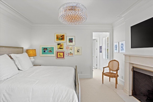 bedroom with ornamental molding, light carpet, and a chandelier