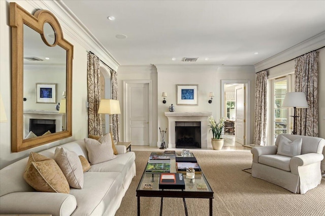 carpeted living room featuring ornamental molding