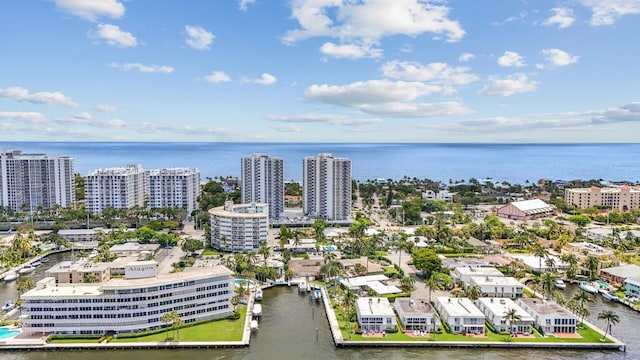 bird's eye view with a water view