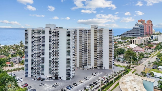 exterior space with a water view