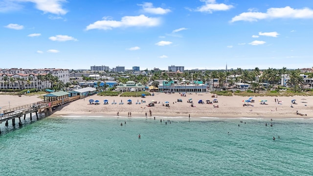 drone / aerial view with a water view and a view of the beach