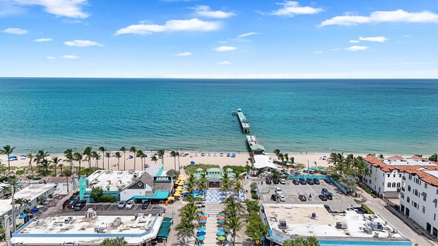 bird's eye view featuring a beach view and a water view