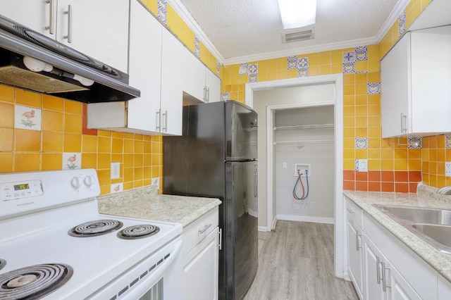 kitchen with white range with electric cooktop, white cabinetry, ornamental molding, and a textured ceiling