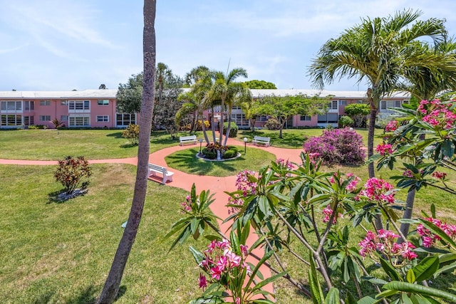 view of property's community with a lawn