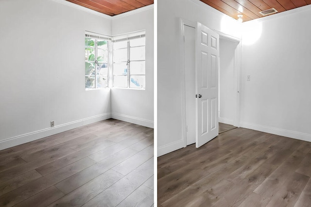 unfurnished bedroom featuring hardwood / wood-style flooring, crown molding, and wooden ceiling