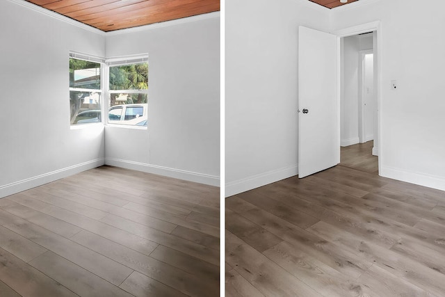 unfurnished room with wood-type flooring, crown molding, and wooden ceiling